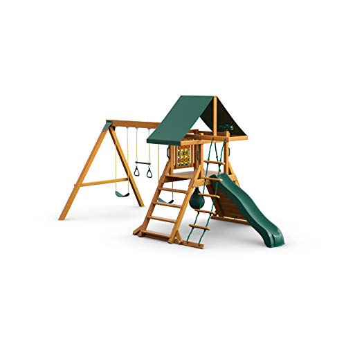 Gorilla Playsets 01-1059-AP High Point Wood Swing Set with Green Vinyl Canopy, Two Swings, Rock Climbing Wall, Slide, Amber - WoodArtSupply