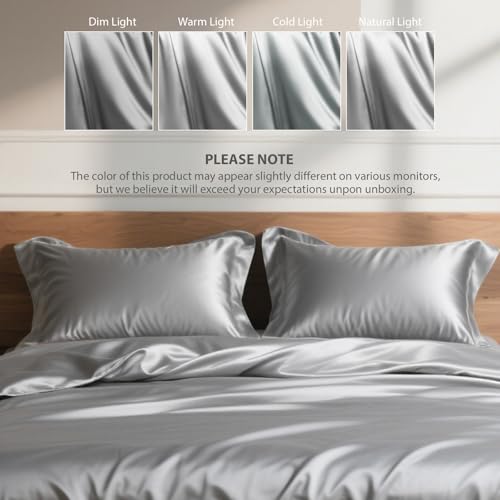 TodaFre Silver Grey Satin Duvet Cover King Size Set, 3 Pieces Ultra Soft Bedding Set - 1 Lightweight Duvet Cover 104x90 Inches with Zipper Closure, 2 Pillowcases TodaFre