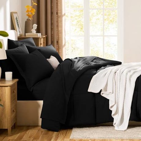 CozyLux Full Size Comforter Sets Black - 7 Pieces Bed in a Bag Full, Oeko-Tex Certified Bed Set, All Season Soft Bedding Set with Down Alternative Comforter, Sheets, Pillowcases & Pillow Shams CozyLux