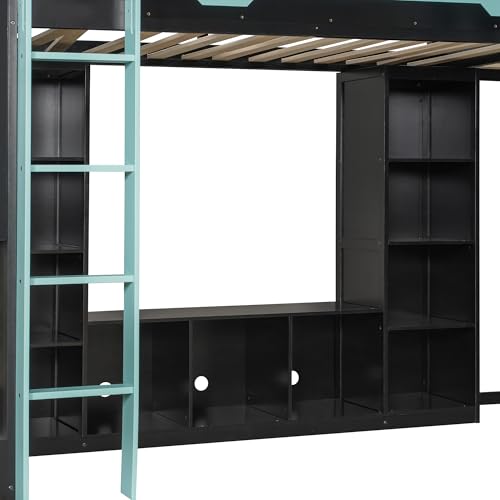 XD Designs L-Shaped Loft Bed Twin Size with Desks and Storage Shelves, Wooden Gaming Loft Bed Frame with LED Lights, USB Ports and TV Stand for 2 Kids Teens Adults, Reversible Layout (Black+Blue-L) XD Designs