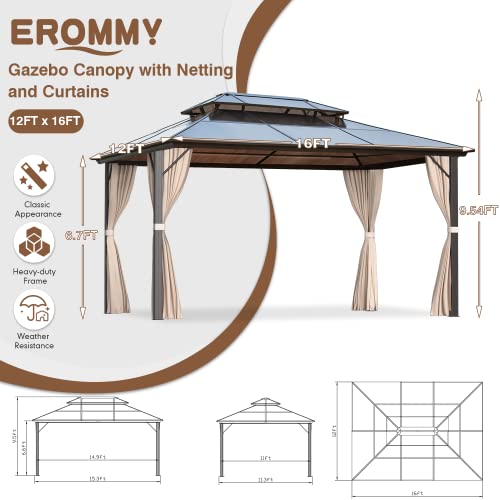 EROMMY 12' x 16' Gazebo Polycarbonate Double Roof Canopy Outdoor Aluminum Frame Pergola, Permanent Pavilion with Netting and Curtains for Garden Patio Lawns Parties EROMMY