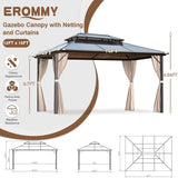 EROMMY 12' x 16' Gazebo Polycarbonate Double Roof Canopy Outdoor Aluminum Frame Pergola, Permanent Pavilion with Netting and Curtains for Garden Patio Lawns Parties EROMMY