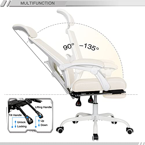 Qulomvs Mesh Ergonomic Office Chair with Footrest Home Office Desk Chair with Headrest and Backrest 90-135 Adjustable Computer Executive Desk Chair with Wheels 360 Swivel Task Chair Qulomvs