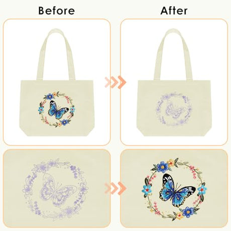 ERKOON Canvas Tote Bag Embroidery Kit for Beginners, Floral Arts Crafts Cross Stitch Kits for Adults Including Stamped Embroidery Bag with Hoops, Needle, Instruction and Color Threads (Butterfly) ERKOON