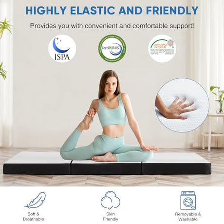 KMFurnila Folding Memory Foam Mattress, 4" Tri-Fold Single Mattress Topper with Washable Cover, Non-Slip Portable Guest Floor Bed for Travel Camping KMFurnila
