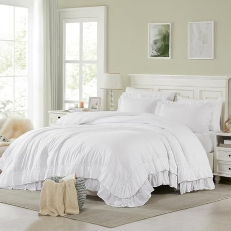 Cupocupa White Queen Comforter Set, 3Pcs Ruffle Comforters Queen/Full Size Farmhouse Bedding Sets with Comforter, Lightweight Fluffy Soft Shabby Chic Bedding Comforter Sets Cupocupa