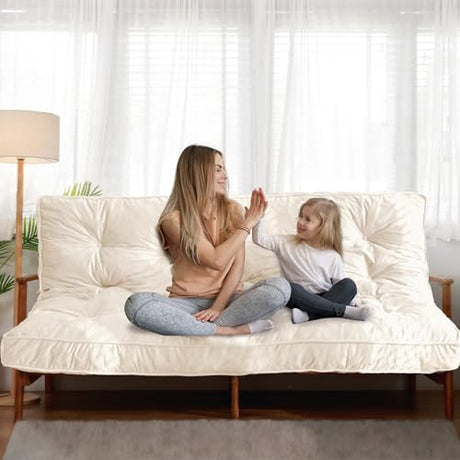 MAXYOYO 6" Futon Mattress Queen Size, Velvet Thick Futons Sofa Couch Bed, Floor Mattress for Adults, Shredded Foam Filling (Frame Not Included), Beige, 60x80 Inch MAXYOYO