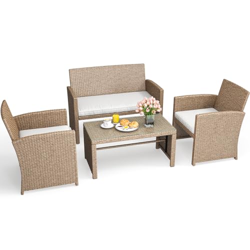 YITAHOME 4-Piece Patio Bistro Set, All-Weather Outdoor Patio Furniture Rattan Wicker Loveseat Conversation Set with Glass Side Table and Soft Cushions, Light Brown+Beige - WoodArtSupply