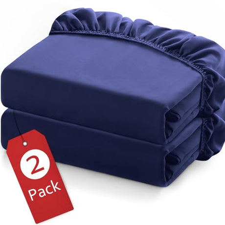 Twin Fitted Sheets 2 Pack Only, Mattress Up to 14 Inches Deep Pocket, Ultra Soft and Breathable Twin Bed Sheets, Long Lasting Single Fitted Sheets, Navy Moonsea