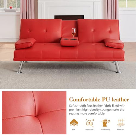 Modern Futon Sofa Bed, 67 Inch Leather Convertible Futon Couch Loveseat Sleeper for Small Spaces,Comfy Folding Recliner Couches for Living Room, Adjustable Backrest,2 Cup Holders,Metal Legs (RED) Xinmviec