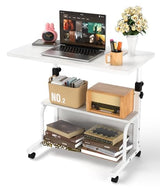 QZMDSM Portable Desk with Wheels Small Standing Desk on Wheels Adjustable Height Rolling Desks for Small Spaces, 32" Computer Desks with Storage Shelves for Home Office Study White QZMDSM