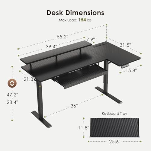 OffiGo 55 Inch L Shaped Electric Standing Desk with Keyboard Tray, Reversible Height Adjustable Corner Computer Desk with Monitor Stand, Sit Stand Up Lift Table for Home, Office, Carbon Fiber Black OffiGo