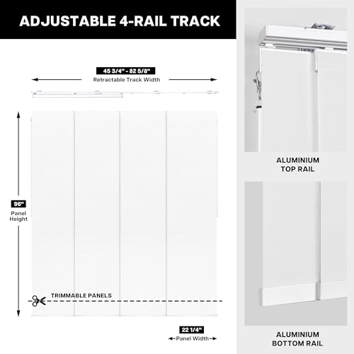 Lazblinds Adjustable Blackout Vertical Blinds for Sliding Doors, Extendable Track (45 3/4'' - 82 5/8'' W), Trimmable Panels Up to 96” H for Room Divider & Patio Door, White Blackout LazBlinds