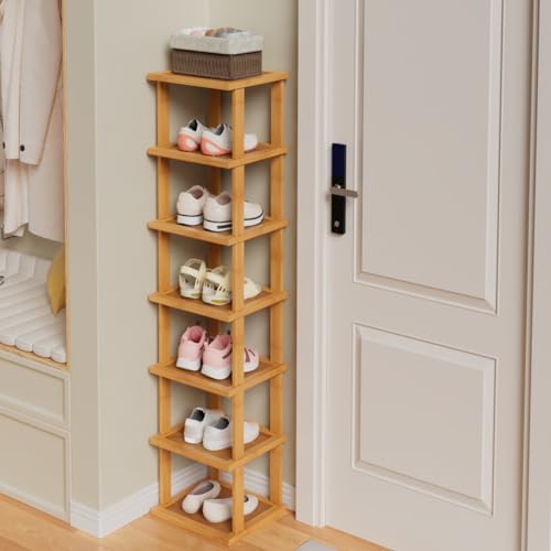 ZUJJAFY Vertical Shoe Rack for Entryway, Small Shoe Rack 7-Tier Tall Shelf for Narrow Spaces Free Standing Shoe Racks, Bamboo Shoe Rack Organizer for Closet Corner Bedroom and Garage ZUJJAFY