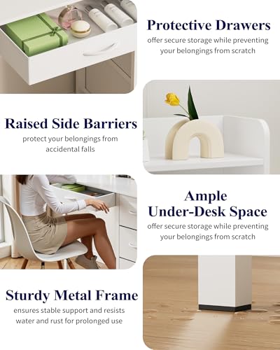 Kitsure Vanity Desk with Mirror and Lights - Large Capacity Makeup Vanity with 4 Fabric Storage Drawers & 3 Lighting Modes, Vanity Table Set with Sturdy Metal Frame for Bedroom, White, 35" x 17" x 52" Kitsure