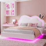 AMERLIFE Floating Full Bed Frame with Adjustable RGB LED Headboard, Leather Upholstered Platform Bed for Kids/Girls,Wood Slats Support, No Box Spring Needed, Easy Assembly, White AMERLIFE