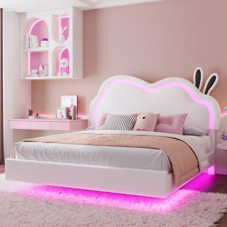 AMERLIFE Floating Full Bed Frame with Adjustable RGB LED Headboard, Leather Upholstered Platform Bed for Kids/Girls,Wood Slats Support, No Box Spring Needed, Easy Assembly, White AMERLIFE