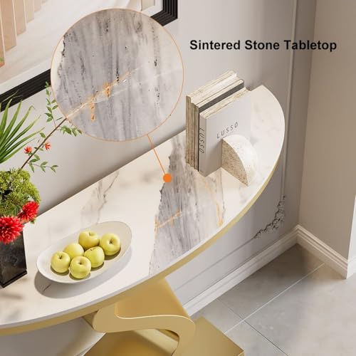 homary 39.4" White & Gold Half Circle Entry Table, Half Moon Wall Table with Uniquely Designed Curved Legs for Entryway/Hallway/Living Room/Foyer, Sintered Stone Top homary
