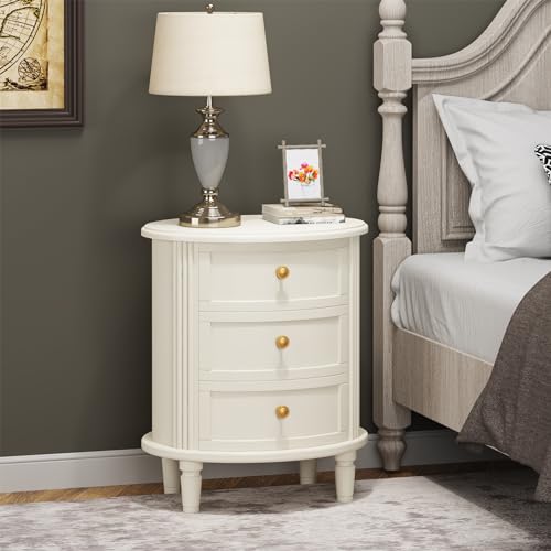 LITTLE TREE No Assembly Nightstand with 3 Drawers, Farmhouse Off-White Bedside Table for Bedroom, All Wooden Oval Nightstand with Storage LITTLE TREE