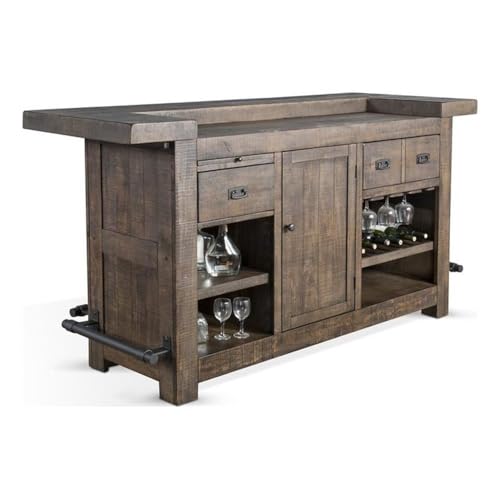 Pemberly Row 80" Farmhouse Transitional Wood Home Bar Unit Cabinet Set with Stemware Rack, Wine Storage for Dining Room Kitchen in Tobacco Leaf Pemberly Row