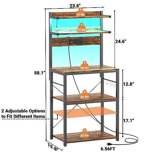 Aheaplus Bakers Rack with Power Outlet, Microwave Stand, 5 Tiers Coffee Bar Station with Led Lights, Kitchen Storage Shelf with 6 S-Shaped Hooks, Kitchen Rack for Spices, Pots and Pans, Rustic Brown
