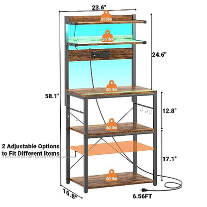 Aheaplus Bakers Rack with Power Outlet, Microwave Stand, 5 Tiers Coffee Bar Station with Led Lights, Kitchen Storage Shelf with 6 S-Shaped Hooks, Kitchen Rack for Spices, Pots and Pans, Rustic Brown