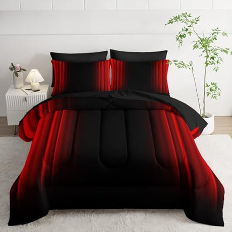 Nttopship Red and Black Bedding Set Queen Size Abstract Ombre Comforter Set Bedding Set 7 Piece in A Bag,Dark Quilt Set Mordern Art Decor All Seasons with Pillowcases,Flat, Fitted Sheet Nttopship