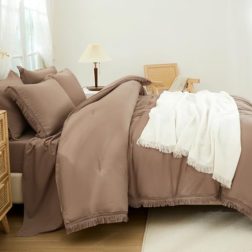 Andency Taupe Queen Size Comforter Set with Sheets - 7 Pieces Boho Tassel Bed in a Bag Soft Lightweight Bedding Sets, Taupe Fringe Bed Set with Comforter, Sheets, Pillowcases & Shams Andency