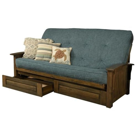 BOWERY HILL Queen-Size Wood Futon Sofa Bed with Storage, Aqua Blue Hand-Tufted Mattress, Rustic Walnut Brown Frame, Solid Hardwood Construction, 87 x 37 x 33 in, Sofa Height Seating, Sit Lounge Sleep BOWERY HILL