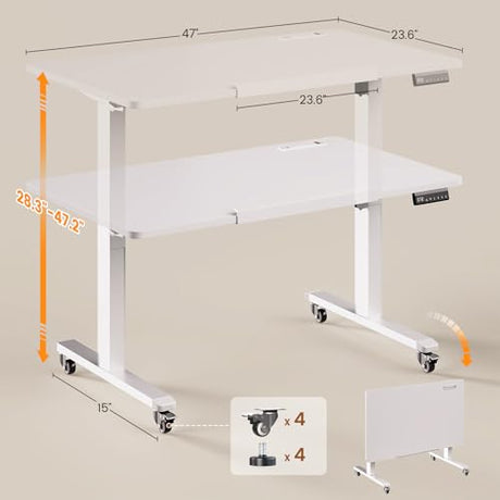 SEDETA 47 x 24 Inches Electric Standing Desk, 180° Tiltable Mobile Rising Computer Desk Height Adjustable with Wheels for Drawing/Writing/Gaming/Study/Home Office/Small Space, White SEDETA