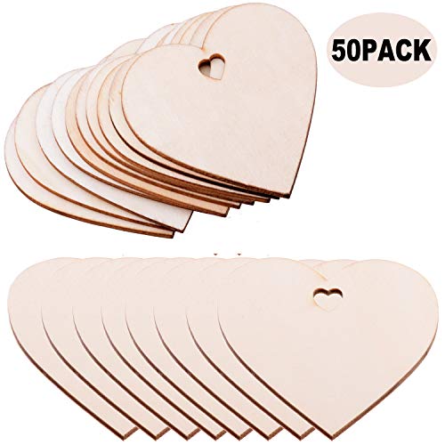 Pack of 50 Wooden Crafts to Paint 3 inch Christmas Tree Hanging Ornaments Unfinished Wood Cutouts Christmas Decoration DIY Crafts (Wooden Heart Cutouts) malyunin