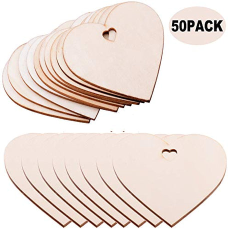 Pack of 50 Wooden Crafts to Paint 3 inch Christmas Tree Hanging Ornaments Unfinished Wood Cutouts Christmas Decoration DIY Crafts (Wooden Heart Cutouts) malyunin
