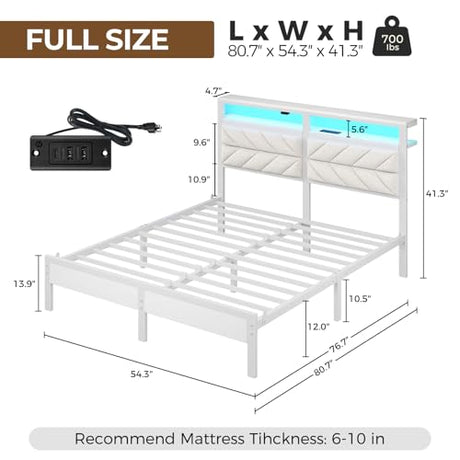 Seventable Bed Frame Full Size with Charging Station, LED Bed with Upholstered Storage Headboard, Metal Platform Bed with Under Bed Storage, No Box Spring Needed, Noise Free, Easy Assembly, White Seventable