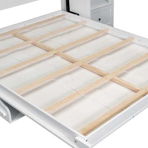 Merax Murphy Bed Queen with 2 Side Cabinet Storage Shelves, Queen Wall Bed Cabinet with LED, Wood Foldable Platform Bed Frame, Modern Hidden Beds for Guest Room, Home, White Merax