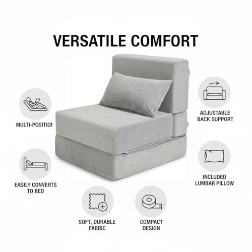 TokSay Folding Sofa Bed, Convertible Sleeper Chair with Pillow, Foldable Mattress & Back Support, Portable Floor Lounger Futon for Apartment, Dorm, Living Room, Bedroom, Grey TokSay