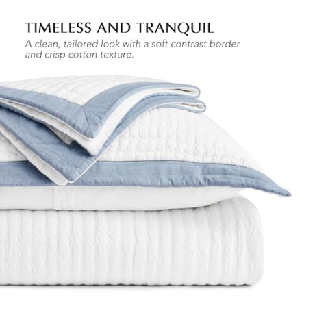 EVERGRACE Cotton Border Frame Tack-Stitch Quilt Bedding Set King Size, Coastal Oversized 3 Pieces Lightweight Bedspread Coverlet for All Season, with 2 Matching Shams, Blue Linen EVERGRACEHOME