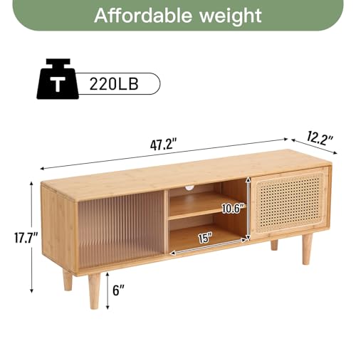 Welnow Rattan TV Stand for Up to 55 Inch, Mid Century Modern Bamboo Entertainment Center with 2 Cabinets & Adjustable Shelf, Storage Media Console Table for Living Room, Bedroom, Natural Welnow