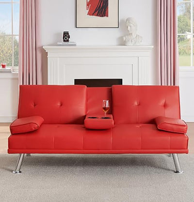 Zentrava Red 67" Convertible 2 in 1 Futon Sofa Bed with 2 Cup Holders,Modern PU Leather Folding Loveseat Sleeper Couches w/Adjustable Backrest for Living Room Apartment Office Easy Assemble (Red)