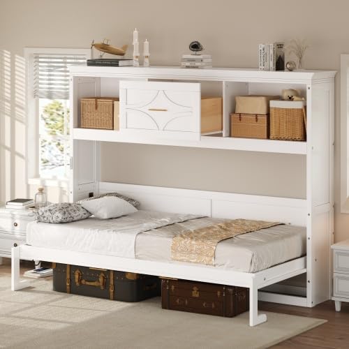Harper & Bright Designs Twin Size Murphy Bed with Storage Drawer, Open Cabinets and Charging Station, White Harper & Bright Designs