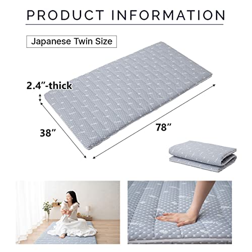 EMOOR Foldable Hybrid Futon Mattress, High-Resilience Urethane Foam 150N with Washable Padded Cover, Twin, Tatami Floor Sleeping Mat Pad Topper, Gray EMOOR