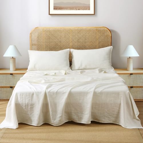 S VICTORY SYMBOL 100% Organic Linen Flat Sheet 1 Piece-Stone Washed French Flax Twin Size Bedding,Soft Flat Top Sheet Breathable(66"x96",Creamy White) S VICTORY SYMBOL