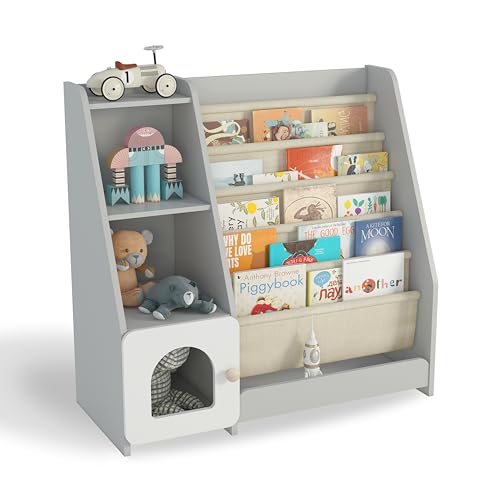 Montessori Kids Bookshelf, 5 Sling Bookcase, 4 Tier Display Shelf, Wooden Baby Book Rack, Children Toy Storage Organizer Cabinet, Floor Toddler Bookshelves Nursery Playroom Bedroom Library, Grey