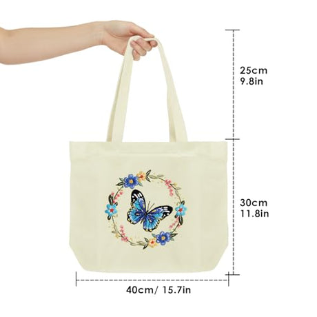 ERKOON Canvas Tote Bag Embroidery Kit for Beginners, Floral Arts Crafts Cross Stitch Kits for Adults Including Stamped Embroidery Bag with Hoops, Needle, Instruction and Color Threads (Butterfly) ERKOON
