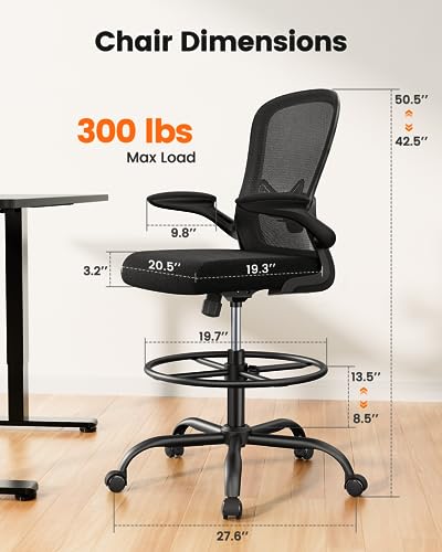 ErGear Drafting Chair, Standing Desk Chair with Flip-Up Armrests, High Desk Chair Adjustable Height, Ergonomic Tall Office Chair with Lumbar Support and Adjustable Footrest Ring ErGear
