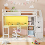 Xilingol Twin Loft Bed with Stairs and Desk, Solid Wooden Loft Bed, Heavy Duty Loft Bed with L-Shape Desk, LED Light Strips, Charging Station, Storage Cabinets, Extra-High Guardrails for Kids, Teens Xilingol