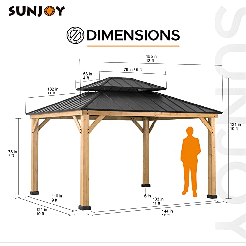 Sunjoy 11 x 13 ft. Wood Gazebo Cedar Framed Gaezbos with Black Double Steel Hardtop Roof for Garden, Backyard Shade, Matte Black Roof + Natural Wood Frame - WoodArtSupply