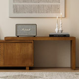 LUMISOL Extendable TV Stand for Living Room, Media Extendable Console TV Table for TVs up to 75” Farmhouse Entertainment Cabinet with Doors and Adjustable Shelves, Brown Ebony LUMISOL