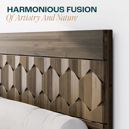 Oliver Queen Size Bed Frame - 15-Inch Mid Century Design with Rattan Headboard, Bohemian Style, No Box Spring Needed, Easy Assembly in Caramel Bme