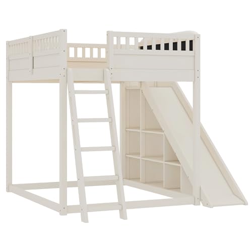 Bellemave Bunk beds Full Over Full with Slide and Stair and upholstered headboard, Low bunk/loft Bed for Kids，Beige Bellemave