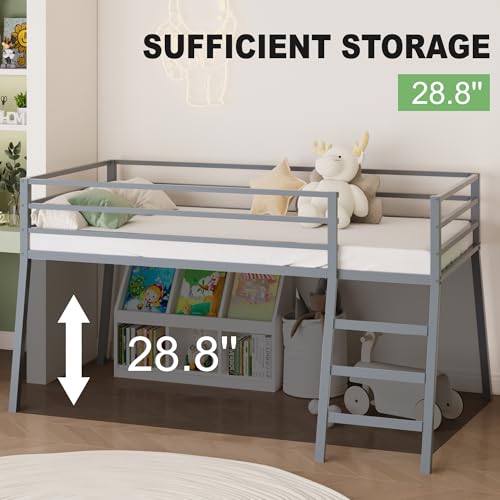Lutown-Teen Low Metal Twin XL Loft Bed with Ladder and Guardrail for Kids or Teens, Space Saving XL Twin Loft Bed for Small Bedroom, Grey Lutown-Teen